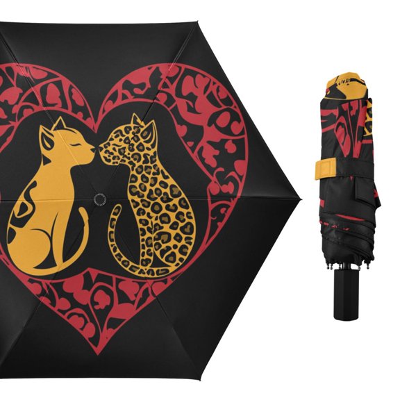 Cat and Leopard Kiss Heart Valentine All Weather Umbrella Triple Folding Parasol 6 Ribs UV Protection Portable