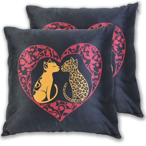 Cat and Leopard Kiss Heart Valentine Throw Pillow Covers Pillowcases 16 x 16 Inch Home Decor 2 Packs for Bedroom Sofa