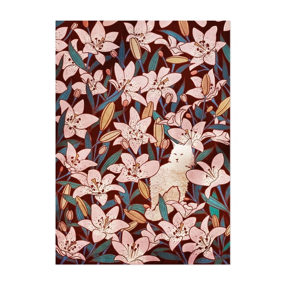 Cat and Lilies - Illustration Floral Cat Pattern Flowers Botanical Whimsical Unframed Wall Art Print 6 x 8 inches