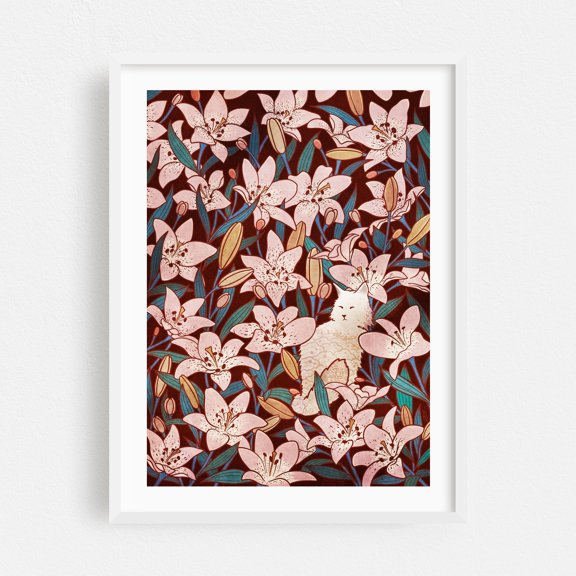 Cat and Lilies - Illustration Floral Cat Pattern Flowers Botanical Whimsical White Framed Wall Art Print 9 x 12 inches