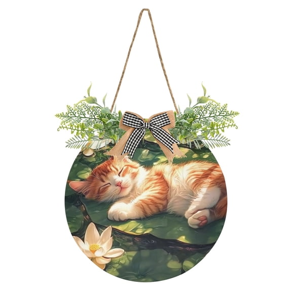 Cat and Lotus Leaf Front Door Porch Decoration Hanging Sign with Artificial Green Plants and Bow for Home Outdoor Indoor