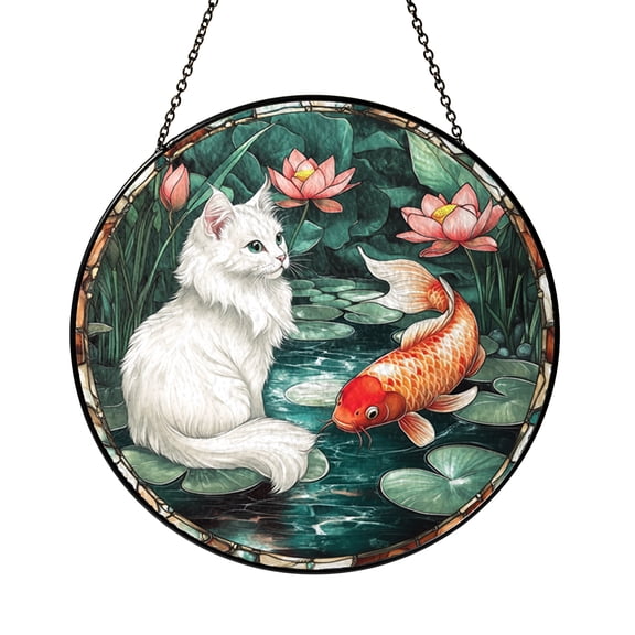 Cat and Lotus Pond Scene Stained Glass Window Hanging Suncatcher, Decorative Nature Art Panel Ornament