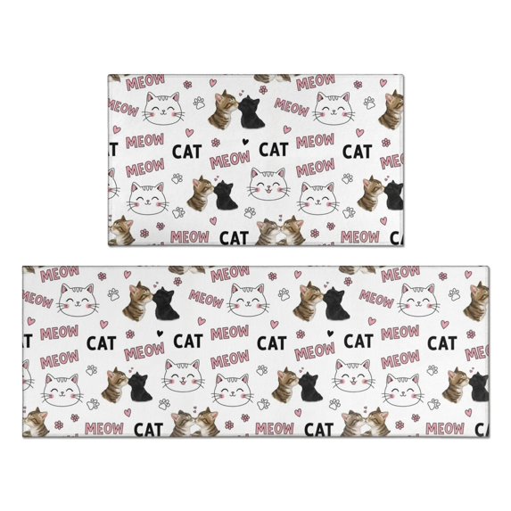 Cat and Meow White Pattern Anti Fatigue Kitchen Rugs Set Of 2, Non Slip Washable Decorative Floor Mats for Kitchen Sink Laundry, 17"x30" and 17"x47"