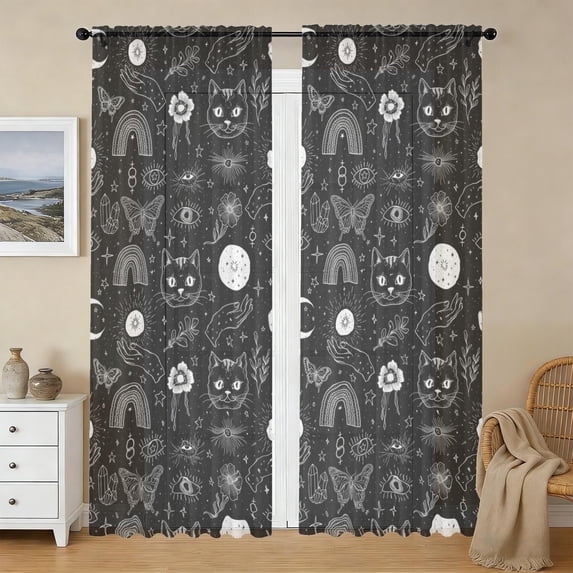 Cat and Moon Gothic Pattern Sheer Curtains, Sheer Window Panels with ...