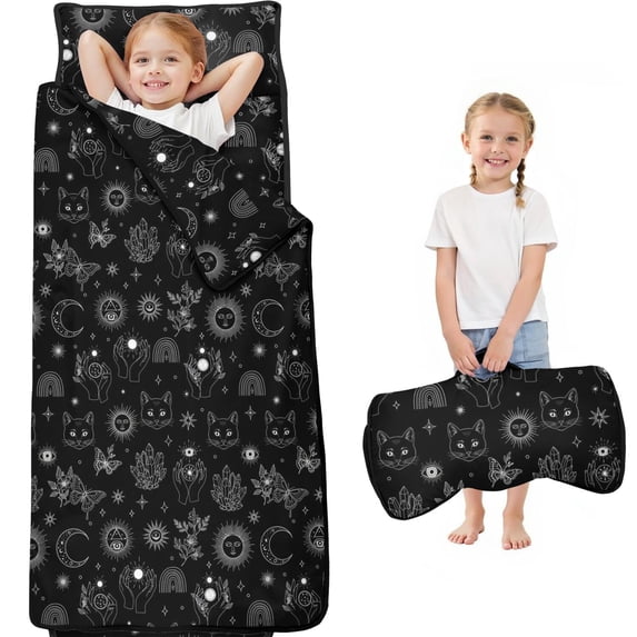 Cat and Moon Gothic Pattern Teens Toddler Nap Mat with Pillow, Sleeping Mat Bag for Preschool Daycare 59"x22"