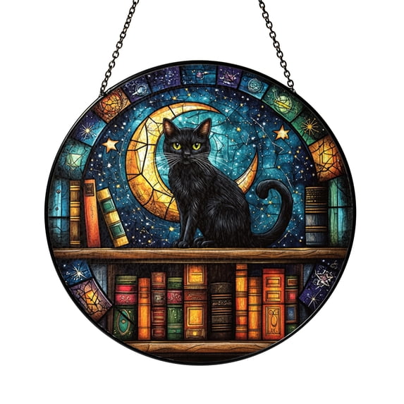 Cat and Moon Stained Glass Window Hanging – Celestial Design, Home or ...