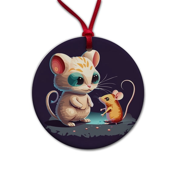 Cat and Mouse Playing Christmas Tree Holiday Round Ceramic Ornament