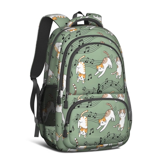 Cat and Music Note Green Pattern Backpack for School, Cute School Bag with Adjustable Shoulder Straps and Padded Back, 16.9"x12.6"x5.9"