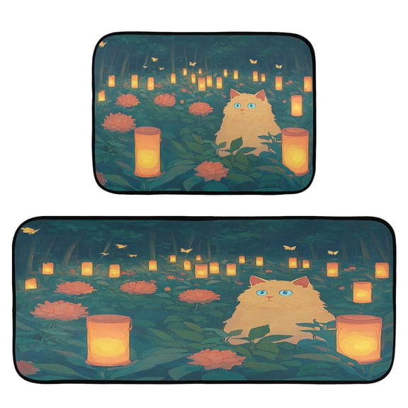 Cat and Night 2-Piece Kitchen Carpet Mat Set, Non-Slip Memory Foam, Soft for Kitchen and Living Room Use