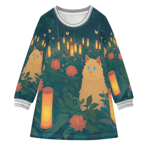 Cat and Night Girls'long-sleeved dress Thickened A-dress Warm Dress Basic Shirt Party Dresses