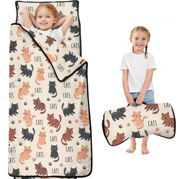 Cat and Paw Print Beige Pattern Teens Toddler Nap Mat with Pillow, Sleeping Mat Bag for Preschool Daycare 59"x22"