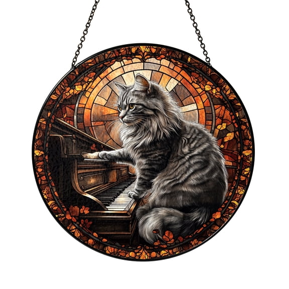 Cat and Piano Performance Design Stained Glass Window Hanging