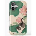 Cat and Pink Lotus Flowers Green and Cream Tough iPhone Case, Dual ...