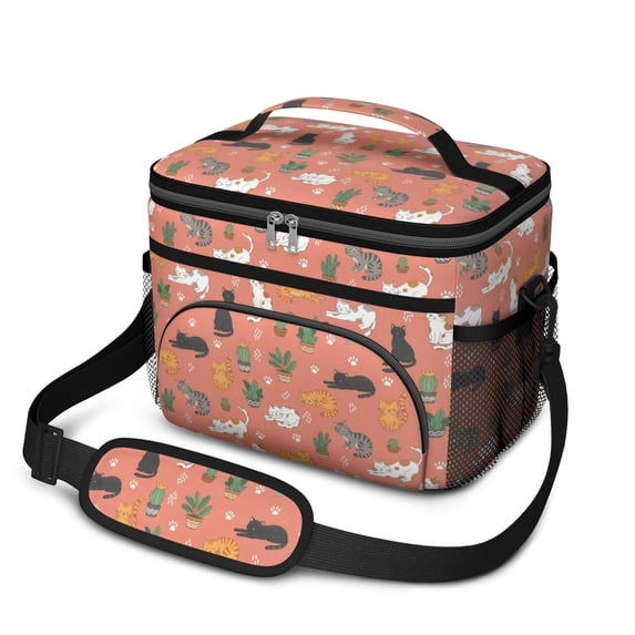 Cat and Potted Plant Coral Pattern Insulated Lunch Box for Women Men, Medium Leakproof Cooler Bag with Adjustable Strap, 10"x6.7"x8"