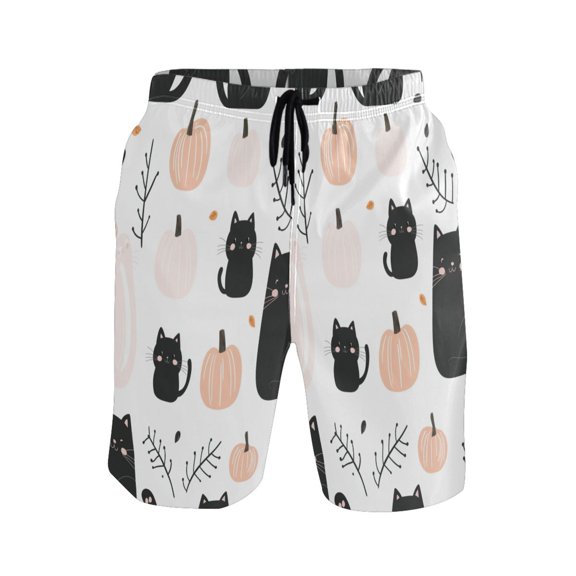 Cat and Pumpkin Pattern Large Size Men's Lightweight Beach Shorts with Mesh Lining, Quick Dry