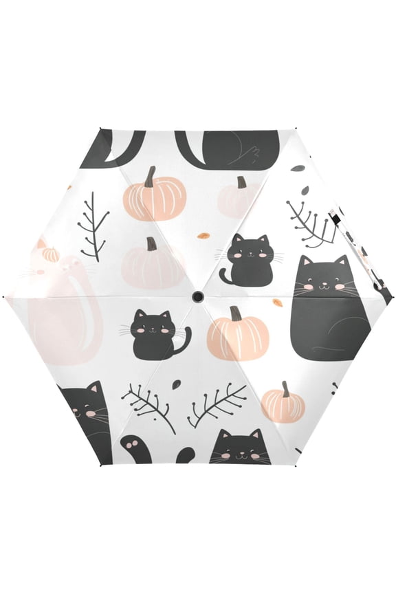 Cat and Pumpkin Pattern Umbrellas for Sun Auto Open Close UV50+ Waterproof 5-Fold Compact Fiberglass Frame