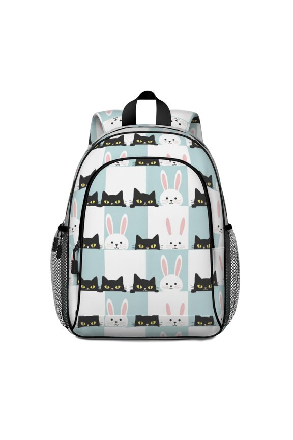 Cat and Rabbit Checkerboard Blue Backpack for School, Cute School Bag with Adjustable Shoulder Straps and Padded Back, 15"x11.42"x5.5"