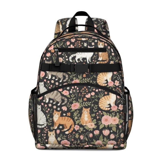 Cat and Rose Black Pattern Backpack for School, Cute School Bag with Adjustable Shoulder Straps and Padded Back, 15.25"x11.5"x5.25"