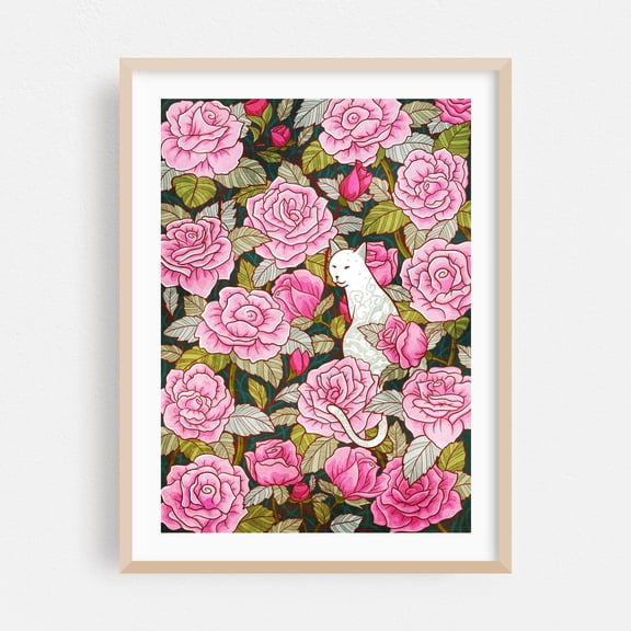 Cat and Roses - Illustration Floral Cat Pattern Watercolor Whimsical Animal Oak Framed Wall Art Print 24 x 36 inches