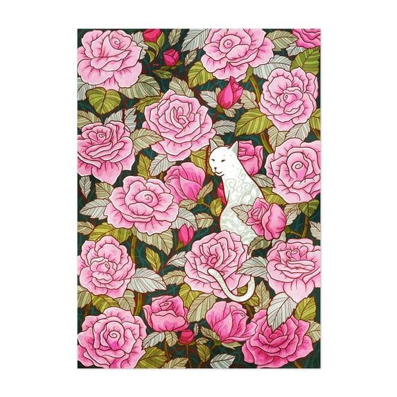 Cat and Roses - Illustration Floral Cat Pattern Watercolor Whimsical Animal Unframed Wall Art Print 20 x 30 inches