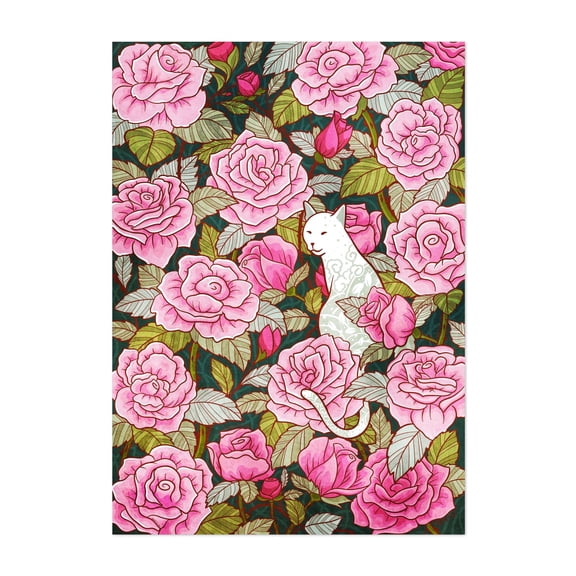 Cat and Roses - Illustration Floral Cat Pattern Watercolor Whimsical Animal Unframed Wall Art Print 4 x 6 inches