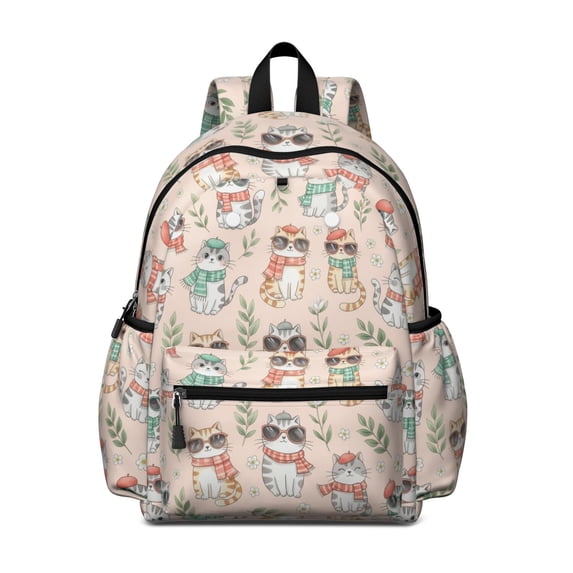 Cat and Scarf Pink Pattern Backpack for School, Cute School Bag with Adjustable Shoulder Straps and Padded Back, 13.4"x11"x4.7"