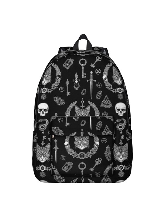 Cat and Skull Gothic Pattern Backpack for School, Cute School Bag with Adjustable Shoulder Straps and Padded Back, 15.7"x11.8"x5.5"