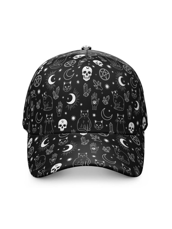 Cat and Skull Gothic Pattern Baseball Cap, Casual Daily Hat with Snap Closure & Sweatband, Rigid Flat Brim Gifts for Birthday Christmas Thanksgiving