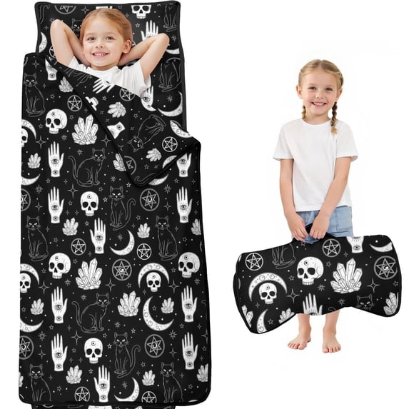 Cat and Skull Gothic Pattern Teens Toddler Nap Mat with Pillow, Sleeping Mat Bag for Preschool Daycare 59"x22"