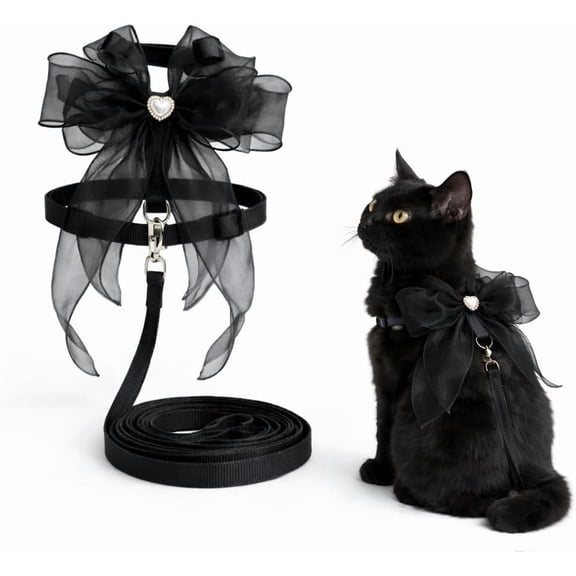 Cat and Small Dog Harness and Leash Set, Adjustable H-Style Pet Harness with Oversized Sheer Bow, Lightweight Dressy Walking Set (Black,M)