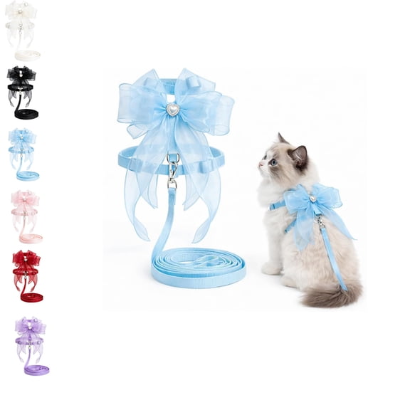 Cat and Small Dog Harness and Leash Set, Adjustable H-Style Pet Harness with Oversized Sheer Bow, Lightweight Dressy Walking Set (Blue,L)