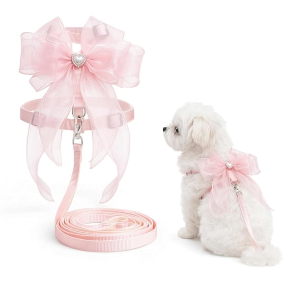 Cat and Small Dog Harness and Leash Set, Adjustable H-Style Pet Harness with Oversized Sheer Bow, Lightweight Dressy Walking Set (Blush Pink,S)