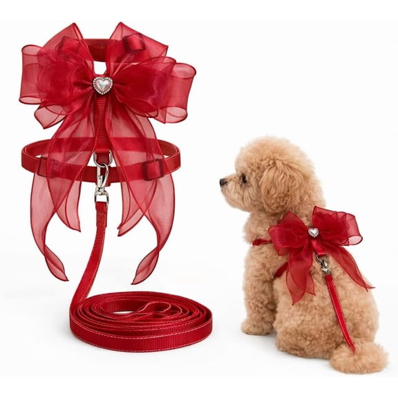 Cat and Small Dog Harness and Leash Set, Adjustable H-Style Pet Harness with Oversized Sheer Bow, Lightweight Dressy Walking Set (Cherry Red,M)