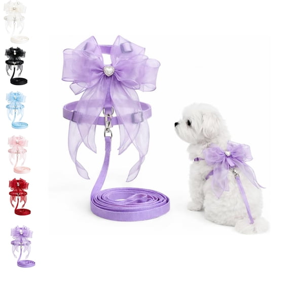 Cat and Small Dog Harness and Leash Set, Adjustable H-Style Pet Harness with Oversized Sheer Bow, Lightweight Dressy Walking Set (Lavender,S)