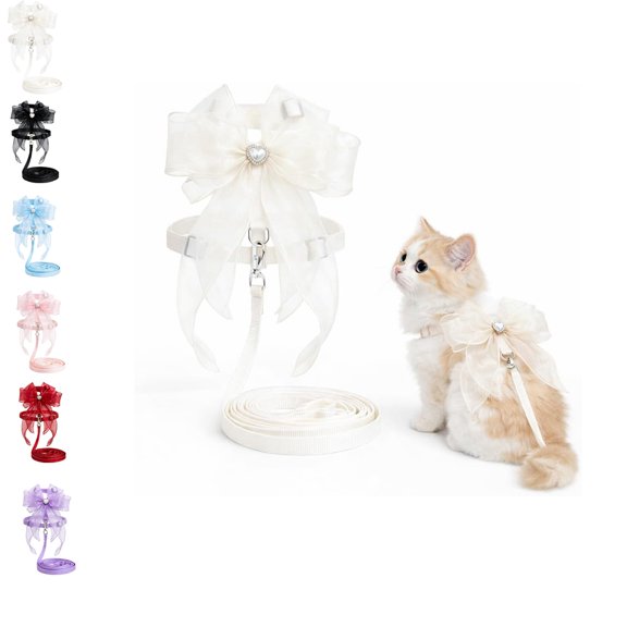 Cat and Small Dog Harness and Leash Set, Adjustable H-Style Pet Harness with Oversized Sheer Bow, Lightweight Dressy Walking Set (White,M)