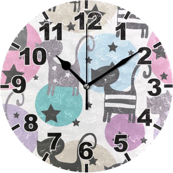 Cat and Starts Round Wall Clock, Battery Operated Silent Non Ticking Desk Clock for Home Bedroom Kitchen Office School Wall Clock 9.9 Inch Home Decor