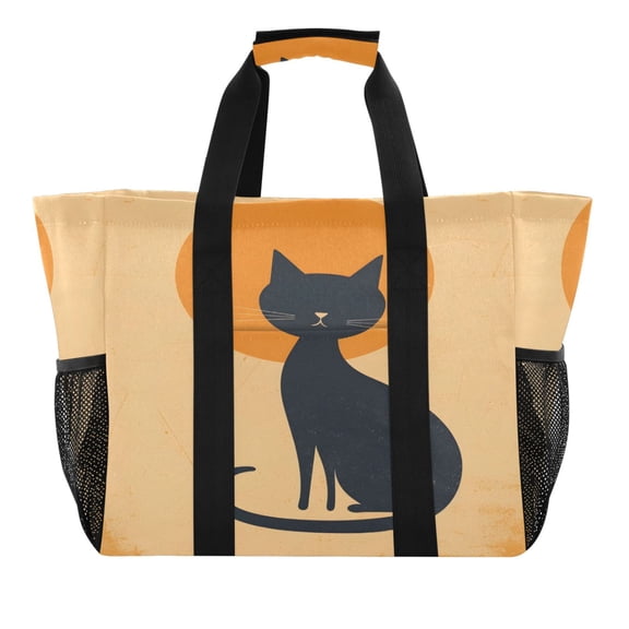 Cat and Sun Reusable Grocery Bags with Handle Side Pocket Waterproof Shopping Portable Tote