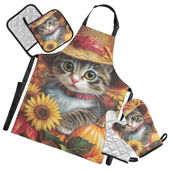 Cat and Sunflowers in Autumn Oven Mitts and Pot Holders with Chef Apron Set 5 Pcs Kitchen Cooking Set