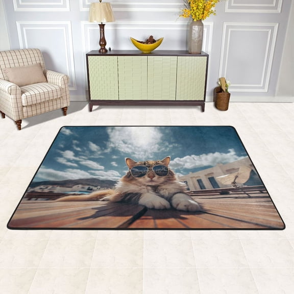 Cat and Sunglasses Sky Area Rug Washable 72 x 48 Floor Carpet Mat Non Slip for Bedroom Living Room Kids Room Home Decor