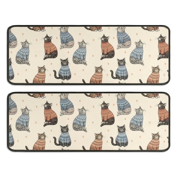 Cat and Sweater Beige Pattern Anti Fatigue Kitchen Rugs Set Of 2, Non Slip Washable Decorative Floor Mats for Sink Laundry and Home Use, 17"x47"