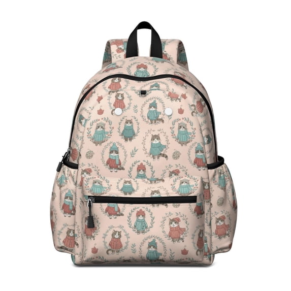Cat and Sweater Pink Pattern Cute School Backpack with Padded Back and Adjustable Shoulder Straps 13.4"x11"x4.7"