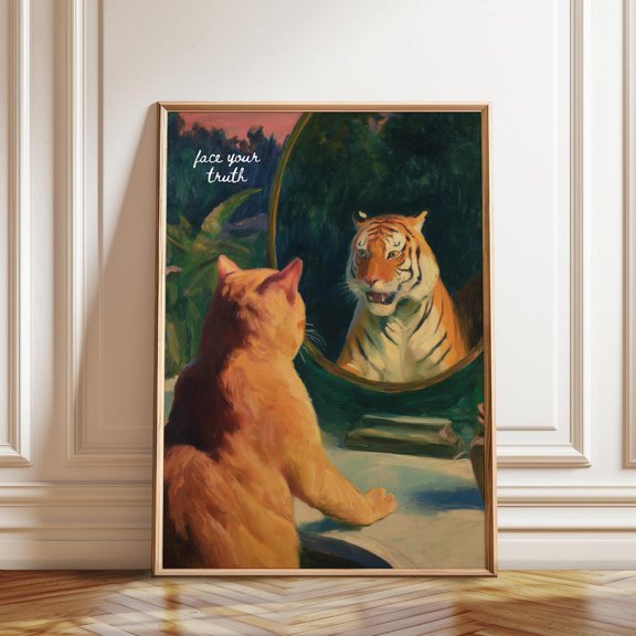 Cat and Tiger Mirror Inspired Reflection Retro Wall Art, Unframed Paper Poster 8x10in