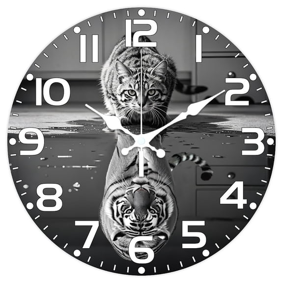 Cat and Tiger Pattern Wall Clock 12 Inch Non-Ticking Clocks Mirror Round Wall Hanging Clock Battery Operated for Bedroom Living Room Kitchen Office