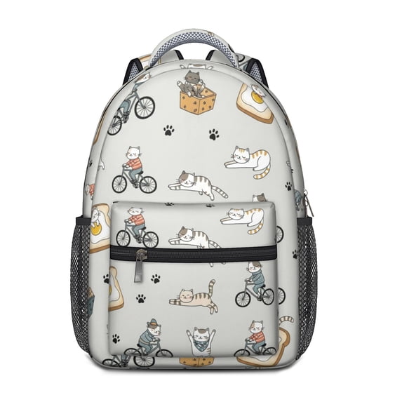 Cat and Toast Bicycle Gray Pattern Backpack for School, Cute School Bag with Adjustable Shoulder Straps and Padded Back, 15.3"x11"x6.7"