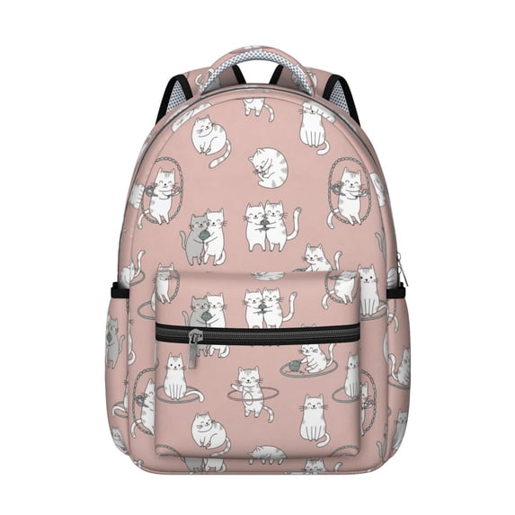 Cat and Yarn Pink Pattern Backpack for School, Cute School Bag with Adjustable Shoulder Straps and Padded Back, 15.3"x11"x7.1"