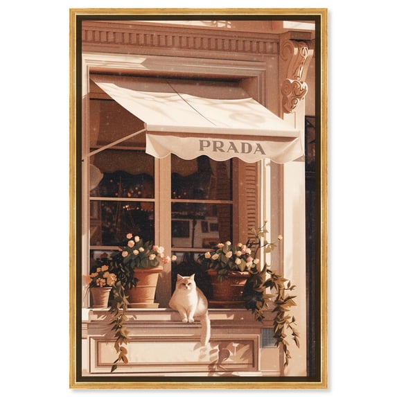 Cat at the Store Window Canvas Fashion Designer Wall Art by Art Remedy, Gold Frame, 20" x 30"