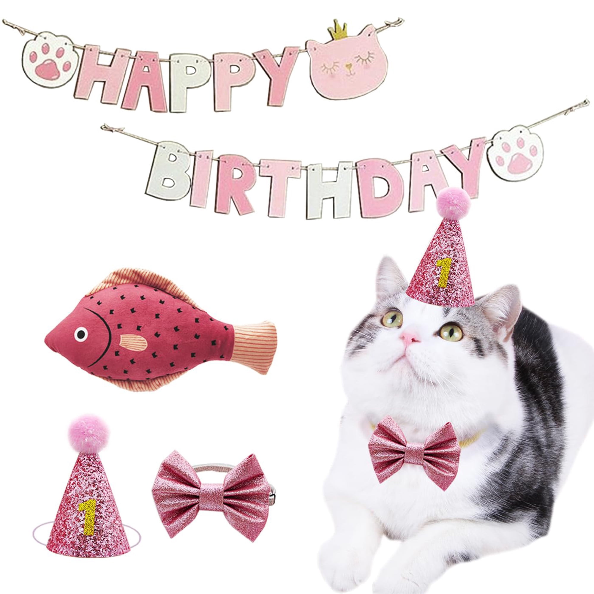 Cat birthday party supplies, cute cat birthday hat and bow tie collar, fish catnip chew toy, pink banner decorations for cat , photo props, pink