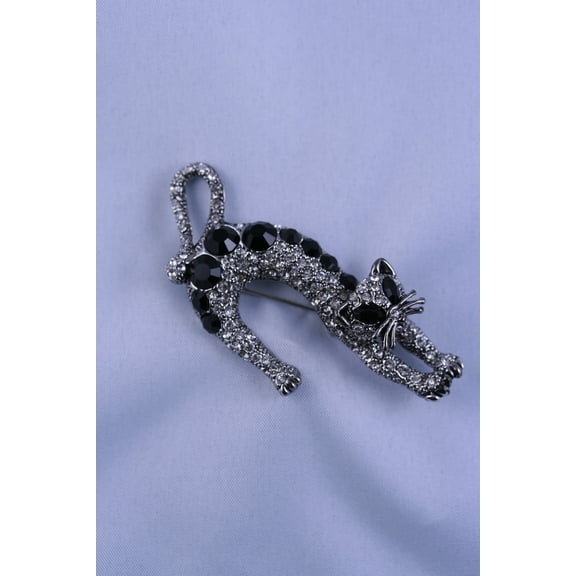 Cat brooch, Silver-Tone Black Rhinestone Cat Pin, Halloween Cat Jewelry