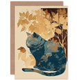 thumbnail image 1 of Cat by Countryside Shrub Bush in Autumn Modern Linocut Illustration Art Birthday Greeting Card Plus Envelope Blank inside, 1 of 3