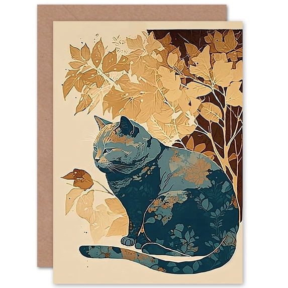 Cat by Countryside Shrub Bush in Autumn Modern Linocut Illustration Art Birthday Greeting Card Plus Envelope Blank inside
